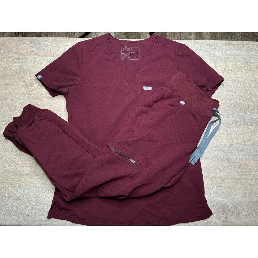 Figs SET Burgundy Catarina Scrub Top Zamora Joggers XS Petite